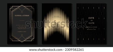 Luxury wedding invitation card background vector. Golden elegant geometric shape, gold lines on dark background. Premium design illustration for wedding and vip cover template, banner, poster. Royalty-Free Stock Photo #2309582261