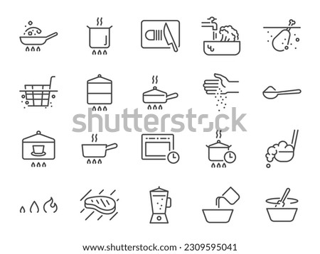 Cooking icon set. It included bake, heat, boil, frying, steam and more icons. Editable Stroke. Royalty-Free Stock Photo #2309595041