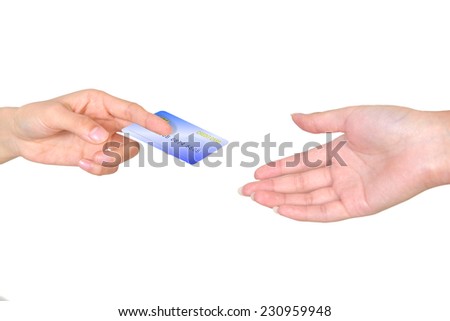 Features two hands exchanging a credit card