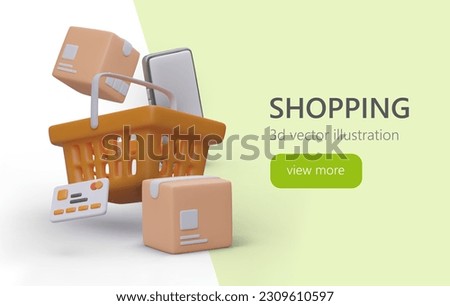 Horizontal poster for online store advertising. Phone application for buying and delivering goods. Concept with 3D illustration. Banner with place for slogan and jump button