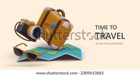 Hot offers for tourists. Bright photos and impressions from tour. Advertising color offer from travel agency. Website banner with modern 3D illustration Royalty-Free Stock Photo #2309610681