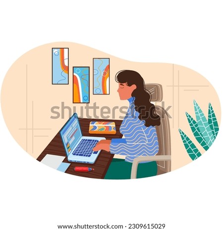 Woman blogger use laptop vector flat illustration