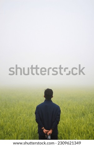 man standing facing misty rice field, holding the camera