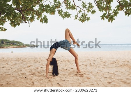 woman sport young beach bridge lifestyle exercise female training gymnastics yoga