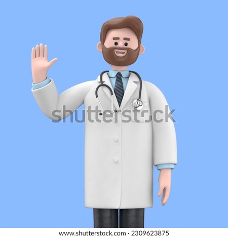 3D illustration of Male Doctor Iverson waving hand. Portraits of cartoon characters smiling businessman saying hello,Medical presentation clip art isolated on blue background.
