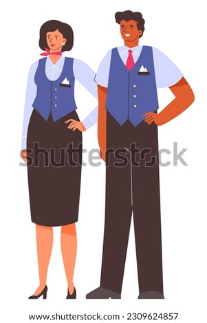 Stewardess and steward or air hostesses cartoon characters in blue uniform, flat vector illustration isolated on white background. Steward service employees characters. Royalty-Free Stock Photo #2309624857