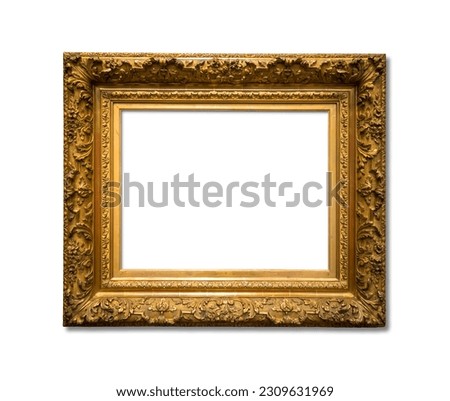 Blank gold frame isolated on white background. Empty art mockup on museum wall