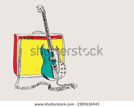 Vector freehand drawing illustration of an electric guitar and amplifier with a copy space for your text, scalable to all sizes