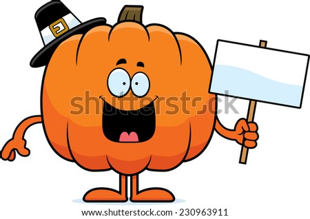 A cartoon illustration of a pumpkin pilgrim holding a sign.