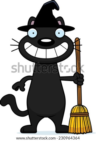 A cartoon illustration of a black cat witch looking happy.