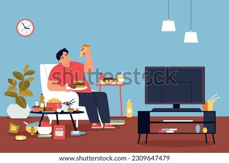 Addiction composition with indoor loving room scenery and fat man eating junk food in front of tv Royalty-Free Stock Photo #2309647479