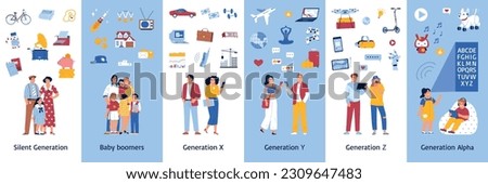 Generations color set with doodle human characters text captions and isolated icons representing symbols of generation vector illustration Royalty-Free Stock Photo #2309647483