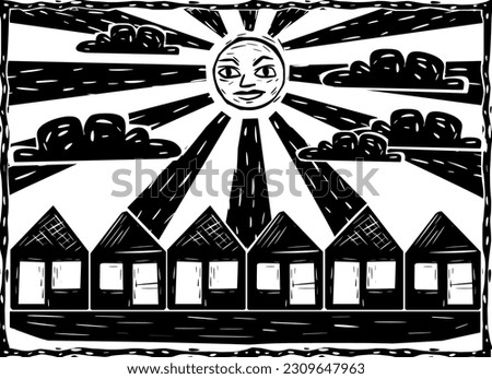 Sun with face and sunbeams over the city. Panel in woodcut and string literature style with separate vectors. Royalty-Free Stock Photo #2309647963