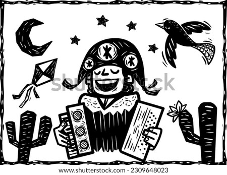 Northeast accordionist. Traditional musician of June festivities. Cordel literature woodcut style. Royalty-Free Stock Photo #2309648023