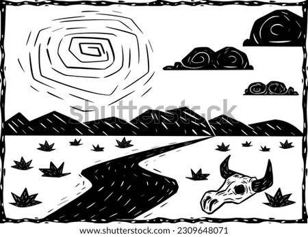 Typical desert scenery with a road and cow skull on the ground. Woodcut style and cordel literature. Royalty-Free Stock Photo #2309648071