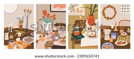 Set of morning meals cards. Сompositions with furniture, cozy interior elements, food, drink and dishes. Still life. Perfect for social media posts, cards and posters. All elements are isolated. Royalty-Free Stock Photo #2309650741