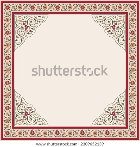 Decorative Mughal ethnic motif, fantasy flowers in retro, vintage vector illustration for wedding invitation border
