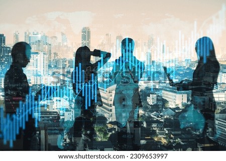 Abstract businesspeople silhouettes working together on dark city skyline background with glowing forex chart hologram. Teamwork, stock market, finance and colleagues concept. Double exposure