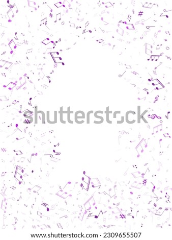 Music notes symbols flying vector illustration. Notation melody record concept. Disco music studio background. Blue violet musical notation.
