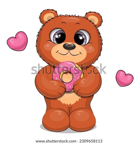Cute cartoon brown bear holding a donut. Vector illustration of an animal with two pink hearts on a white background.
