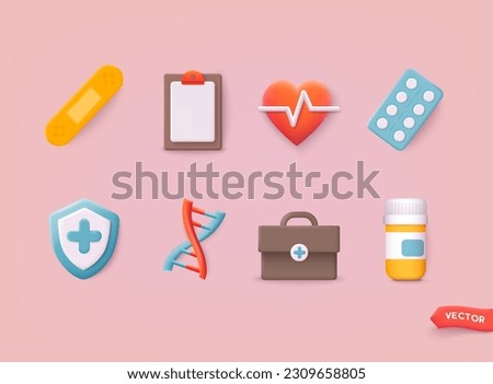 Set 3D vector line icons, sign and symbols in new design medicine and health with elements for mobile concepts and web apps. 3D Web Vector Illustrations.