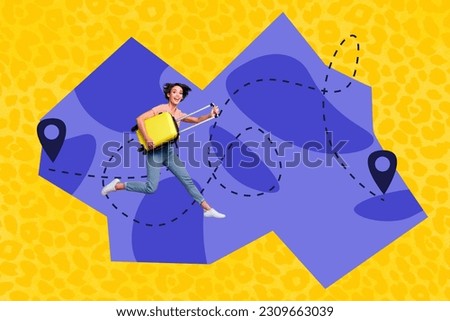 Collage portrait of overjoyed cheerful mini girl hold flying suitcase drawing trip destination mark route isolated on drawing yellow background