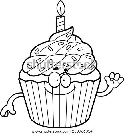A cartoon illustration of a birthday cupcake waving.
