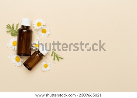 Bottles with chamomile essential oil and flowers on color background, top view