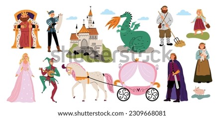 Medieval fairy tale. Fabulous characters and objects. Royal family and castle. Fantastic dragon. Peasants and court jester. Horse carriage for princess. Garish vector Royalty-Free Stock Photo #2309668081