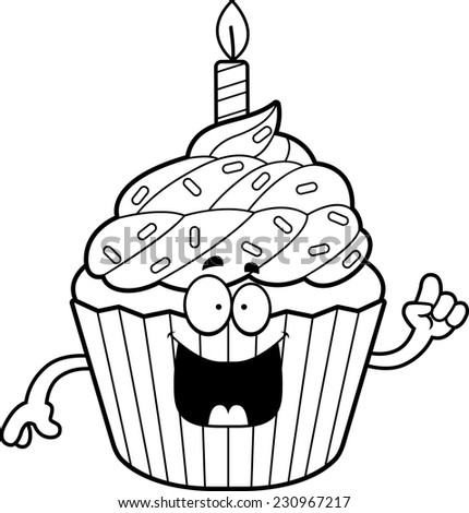 A cartoon illustration of a birthday cupcake with an idea.