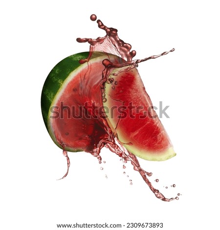 Watermelon with splashing juice on white background