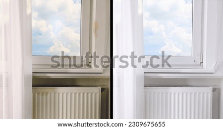 Collage with photos of window sill before and after cleaning Royalty-Free Stock Photo #2309675655