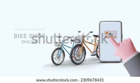 Poster for bike shop online store. 3d hand click on web credit card, buying transport via smartphone. Rental and purchase of bicycles concept. Colorful vector illustration