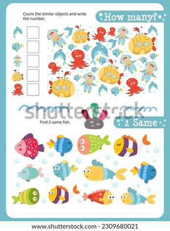 Under the Sea Activity Pages for Kids. Printable Activity Sheet with Sea Creatures Mini Games – Find 2 same pictures, Counting game. Vector illustration. Royalty-Free Stock Photo #2309680021