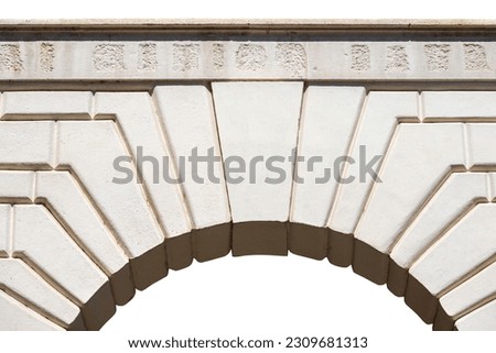 Closeup of an ancient white marble arch with keystone, isolated on white background.Full frame, photography. Brescia downtown, Lombardy, Italy, Europe.