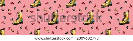 pattern. image of shoes of different colors. high shoes. template for overlaying on the surface. Horizontal image. Banner for insertion into site.