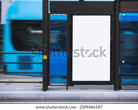 Blank white Mock up Media Advertisement at bus stop City street Royalty-Free Stock Photo #2309686187