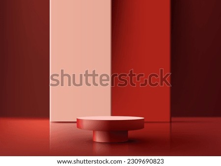 3D realistic empty red podium platform or table with red geometric backdrop on red background and natural lighting modern luxury style. beauty cosmetic presentation, showcase mockup, showroom, product