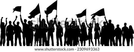 People with flags. Isolated silhouette. Vector border decoration. Conceptual illustration of meeting, protest, revolution, sport fans or music concert.