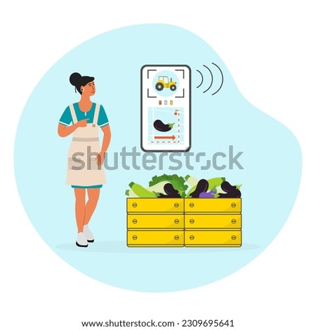 Girl controls smart agricultural harvesting system by digital device Agriculture Farming robotics technology Vector illustration Cabbage Zucchini Eggplant Fresh farm harvested vegetables in wooden box Royalty-Free Stock Photo #2309695641