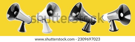Loudspeakers for collage. Pack of megaphones on yellow background. Vector halftone illustration with elements of a doodle. Grunge punk set. Lightning blah lines.  Royalty-Free Stock Photo #2309697023