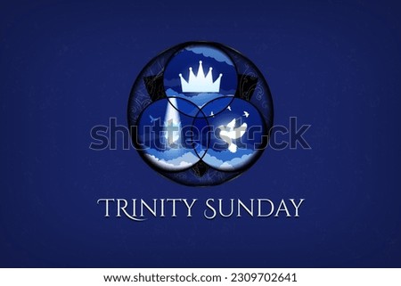 Trinity Sunday Design. Overlapping Religious trinity, crown, Jesus, holy spirit, dove. Blue and white. Observed on the first Sunday after Pentecost. Three religious icons. Vector Illustration. EPS 10. Royalty-Free Stock Photo #2309702641