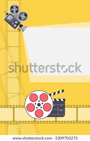 Film strip frame with film roll, clapper. Camcorder with scattered rays shine beams on the wall. Film template flyer or poster festival,banner, brochure, poster, presentation. Design of film industry Royalty-Free Stock Photo #2309703273