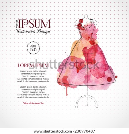 Beautiful evening or cocktail dress on mannequin. Watercolor fashion background. Vector illustration.
