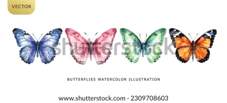 Set of beautiful butterflies watercolor isolated on white background. Pink, blue, orange and green butterfly vector illustration
