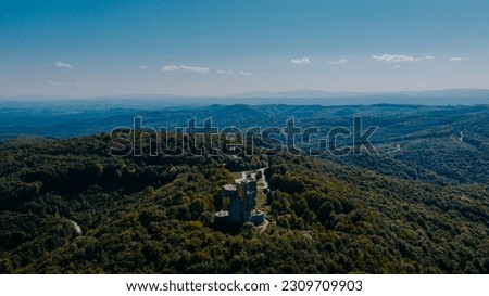 Aerial view of Monument to the Uprising at Petrova Gora Royalty-Free Stock Photo #2309709903