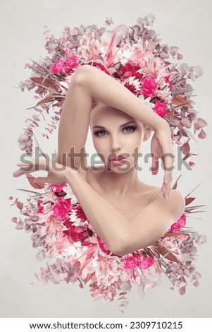 Abstract contemporary surreal art collage portrait of young woman with flowers Royalty-Free Stock Photo #2309710215