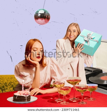 Young woman sitting alone with cocktail and cake, celebrating birthday. Friend surprising her birth gift. Contemporary art. Concept of celebration and party, happiness and joy. Design for postcard.