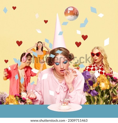 Young girl in pink festive dress putting candle on cake. Wishes. Friends and relatives on background. Contemporary art. Celebration and party, happiness and joy concept. Creative design for postcard.