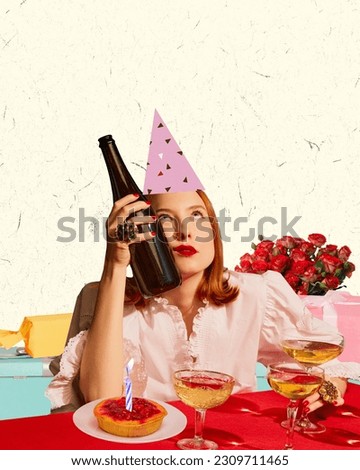 Young girl celebrating her birthday alone, drinking wine and eating cakes. Loneliness. Contemporary art collage. Concept of celebration and party, happiness and joy. Creative design for postcard.